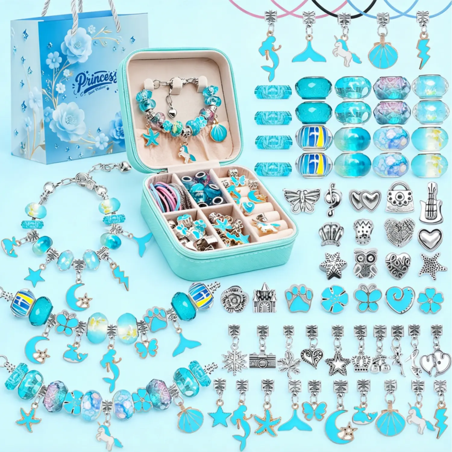2026New Handmade Ocean Blue Charm Bracelet Making Kit for Girls Cute Ocean Themed Unicorn Mermaid Jewelry Supplies Set With Special Blue Jewelry Box Necklace Bracelet for Women Gift Bag Beading Accessories Idea Gift for New-Year Christmas Family Party