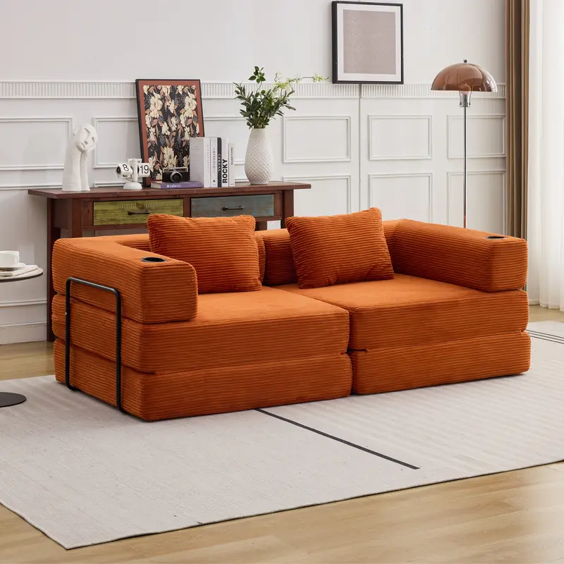 QAK 118" Modular Floor Sofa Bed with Two Cup Holders High-Quality Corduroy Fabric Free Combination Design Premium Sponge Padding Multifunctional for Small Spaces Living Room Mattress