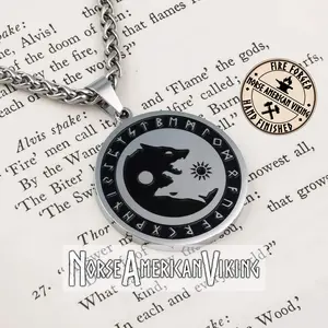 Viking Wolf Rune Sun and Moon Stainless Steel Pendant Necklace