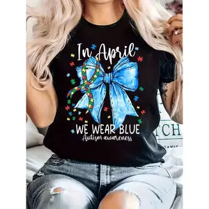 In April We Wear Blue Autism Awareness Ribbon Bow Print Short Sleeve Women Round Neck T Shirt For Autism Awareness Month,Comfortable & Breathable Material,Size S-5XL