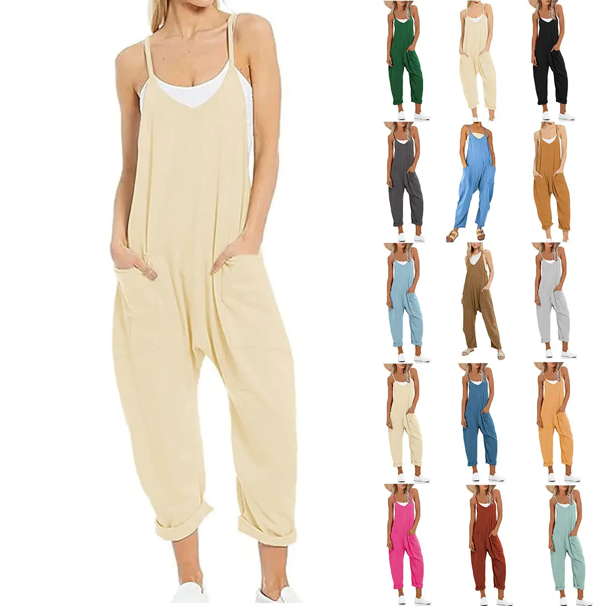 Yeokou Women's Cotton Comfy Soft Casual Overalls, Sleeveless Spaghetti Straps Loose V-Neck Stretchy Jumpsuit with Pockets, Plus Size Option (TikTokShop Black Friday Pick)