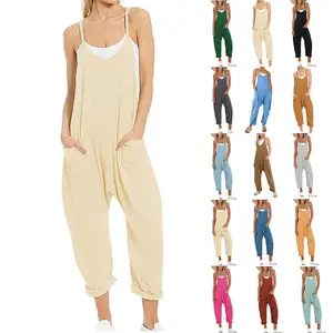 Yeokou Women's Cotton Comfy Soft Casual Overalls, Sleeveless Spaghetti Straps Loose V-Neck Stretchy Jumpsuit with Pockets, Plus Size Option (TikTokShop Black Friday Pick)