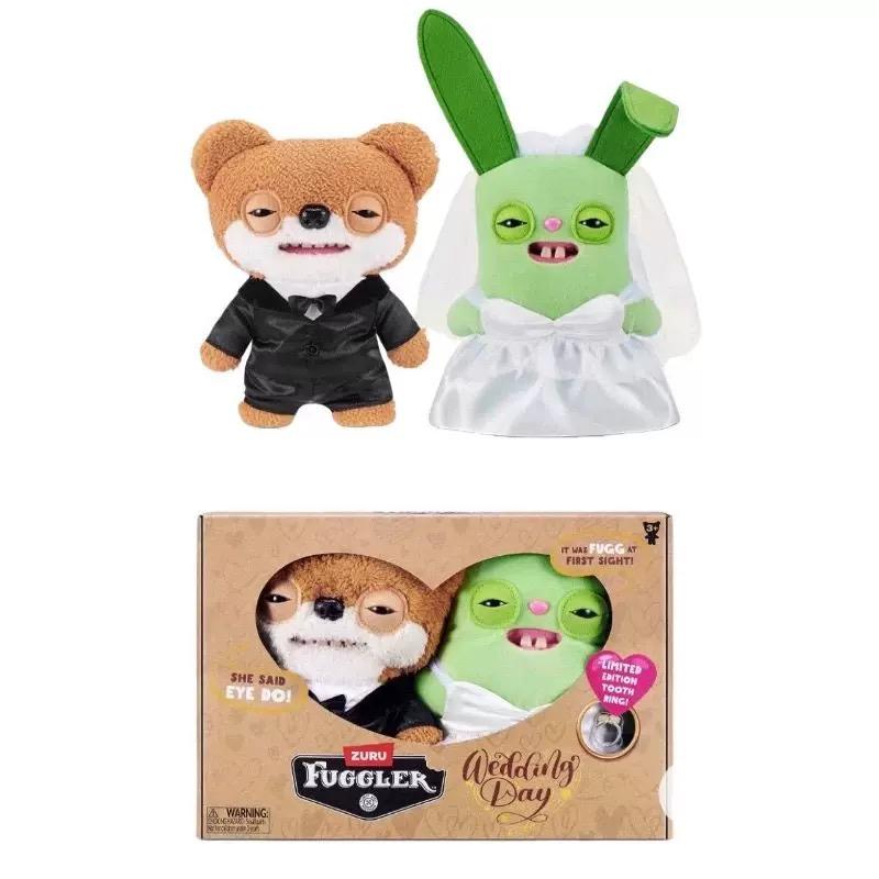 【Valentine's Day Limited Edition】Fuggler Wedding Day Plush Set - Adorable Bear Groom & Green Bunny Bride with Ring - Perfect for Weddings and Gifts
