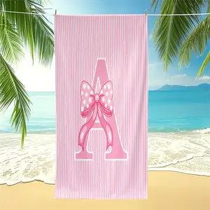 Pink Striped Polka Dot Initial A-Z Beach Towel, Cute Coquette Bow Aesthetic Pool Towel, Girly Style Camping Towel, Soft Absorbent Bath Towel Blanket for Teen Girls, Perfect for Travel Swimming Bathroom