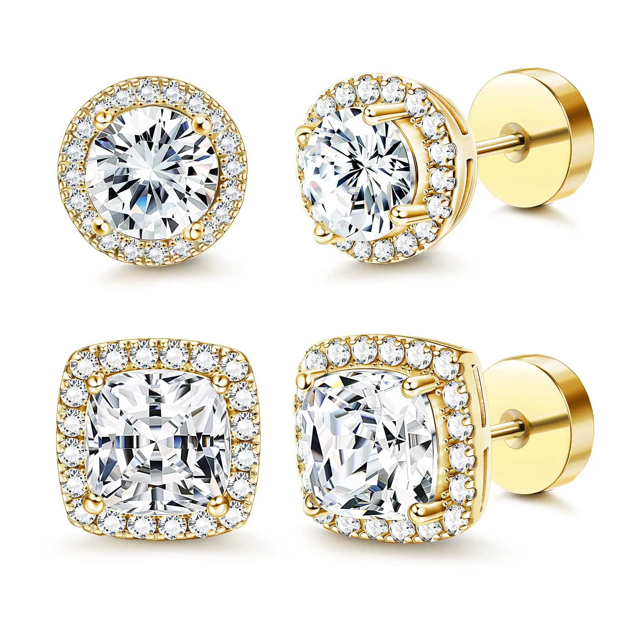 Women's Stainless Steel Cubic Zirconia Stud Earrings 4-Pack - Round & Square Flat Back, Hypoallergenic for Sensitive Skin, with Gift Box