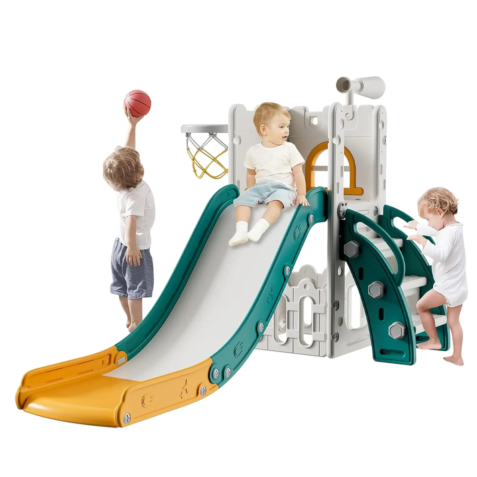 Castle Toddler Slide, 6 in 1 Kids Indoor Slide for Toddlers 1-3, Baby Slide for Indoor Outdoor with Basketball Hoop and Telescope, L Shaped Slide for Kids Toddler Slide Playset (Green&Yellow)