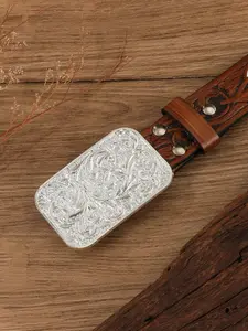 Western Style Feather Embossed Leather Belt, Vintage Silver Color Buckle, Cowboy Fashion Versatile Waistband, Perfect for All Seasons