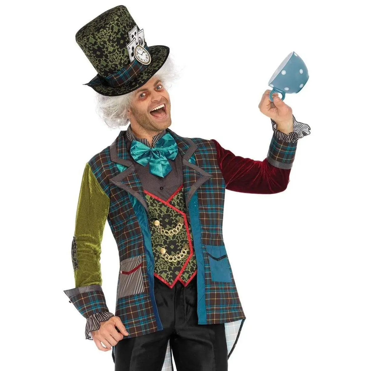 Men's Deluxe Mad Hatter Halloween Costume, Special Occasion Menswear Outfit with Neck Tie and Jacket, Do Not Iron