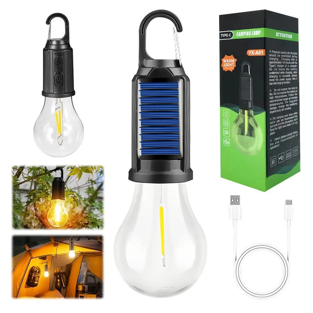 1/2/4PCS Solar Bulb Light Hanging Rechargeable LED Emergency Waterproof Lamp with Hook, Solar & USB Dual Charging Portable Camping Light, Suitable for Hiking, Tent, Fishing, Power Outage, Wilderness Survival, Indoor Outdoor Multi-scene Lighting