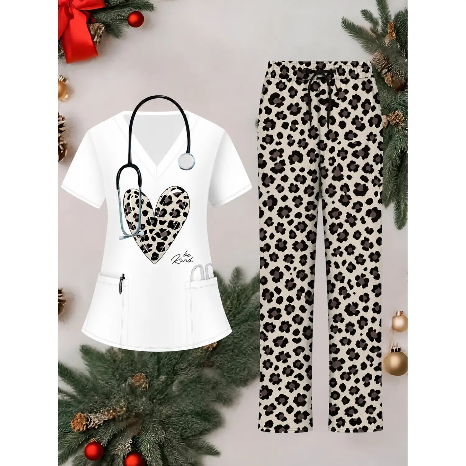 Nurse Uniform Scrub Set for Medical Professionals - Leopard Print Heart "Be Kind" White Top & Black Leopard Pants