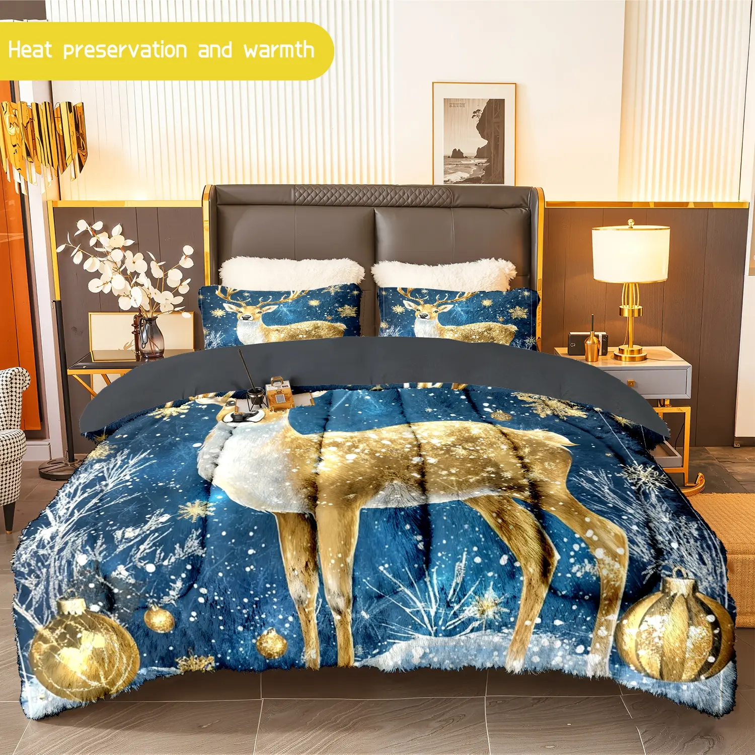 3pcs (1 comforter + 2 pillowcases) Christmas Reindeer Flannel & Milk Velvet Comforter Set, Soft Warm Bedding Set for Adults, Cozy Winter Bedding Essentials