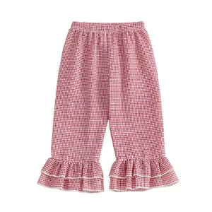 Meihuida Kids Toddler Girls Ruffle Flare Pants Casual Gingham Plaid Seersucker Pants Elastic Waist Loose Bottoms Trousers