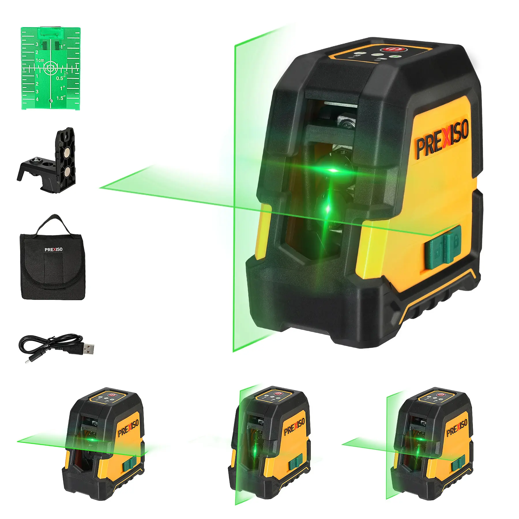 #fathersdaygift PREXISO Laser Level Self Leveling - 100Ft Rechargeable Cross Line Laser, Green Line leveler Tool for Construction, Floor Tile, Home Renovation with Magnetic Pivoting Base, Target Plate & Portable Bag