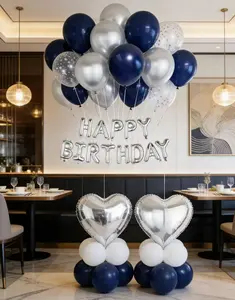 62pcs Silver & Navy Blue Happy Birthday Balloons Set | Foil Letter Heart Balloons & Metallic Latex Balloons for Party Decorations