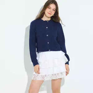 Women's Metal Heart Button Cardigan Sweater - Wild Fable Navy Blue L