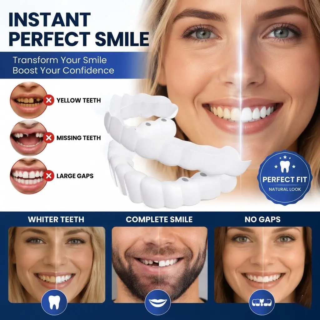【1 Min Fix】Snap on teeth Veneers Adjustable Silicone False Teeth | Instant Smile Temporary Denture Kit for Gaps & Stains | Moldable Fit Men & Women