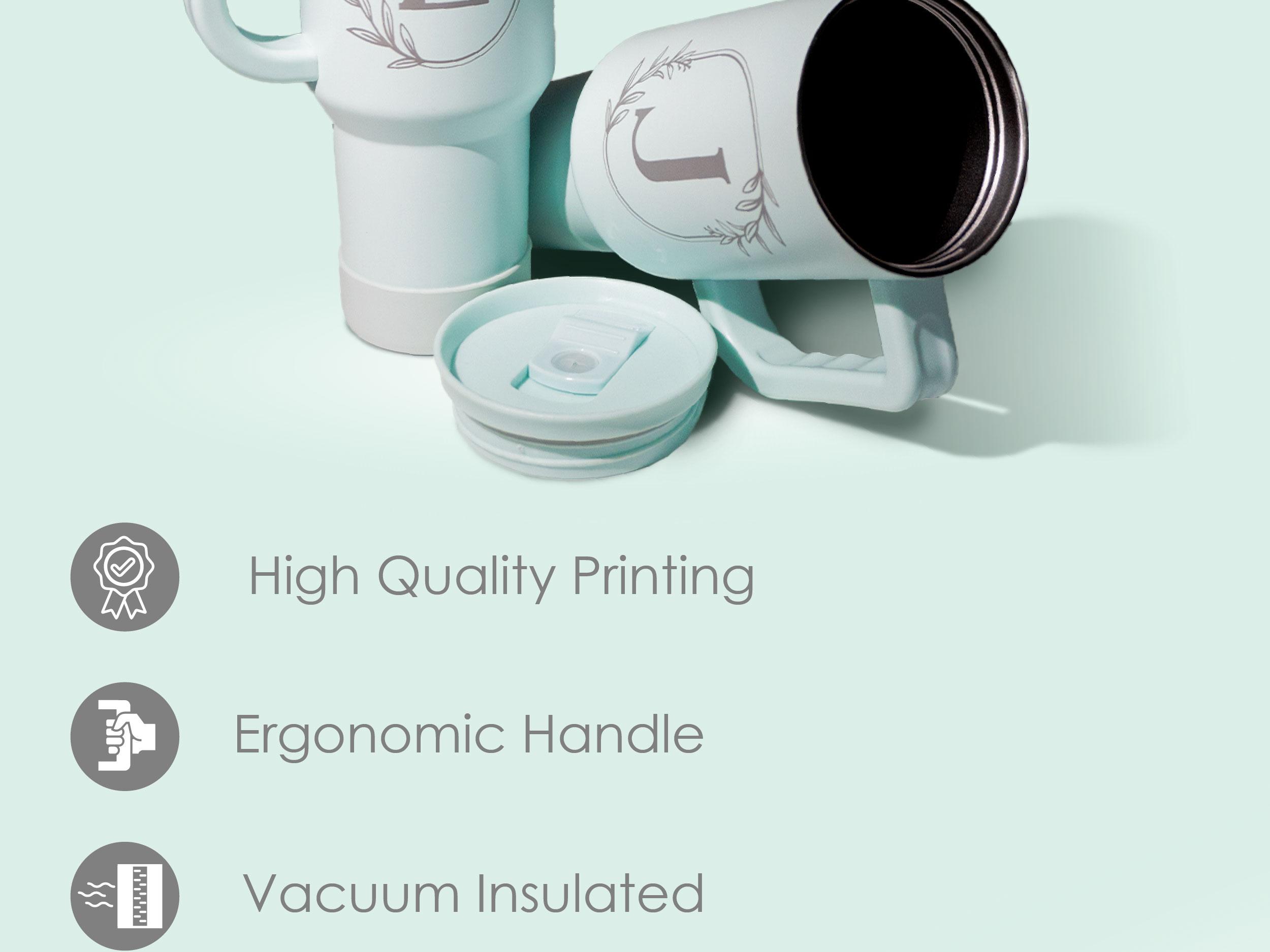 Sandjest Mint Personalized Initial 40oz Tumbler with Straw & Handle Stainless Steel Insulated Vacuum Cup, Home School Office, Christmas Birthday Gift