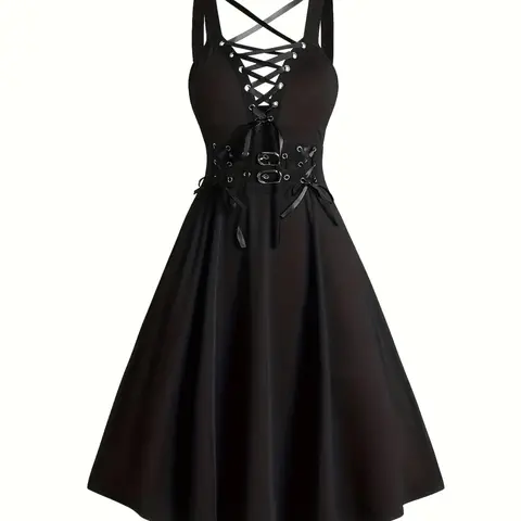 Plus Size Stretchable Strap Gothic Strappy Lace Up Grommet Eyelet Tie Front A Line Dress, Soft Jersey High Waist Buckle Belted Sleeveless Short Dress for Party Club Dating Wear, Plus Size Formal Dress Aesthetics