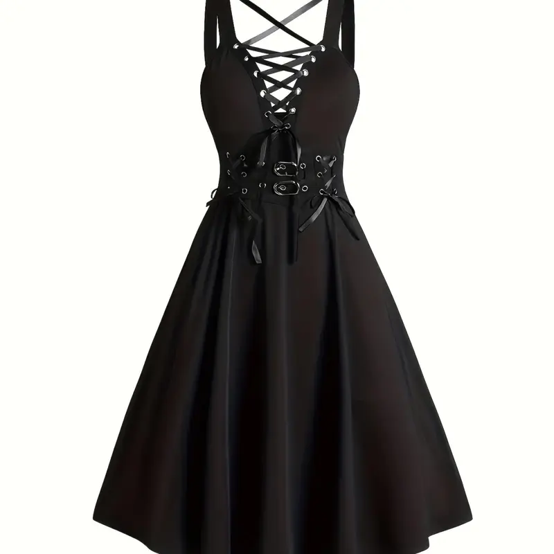 Plus Size Stretchable Strap Gothic Strappy Lace Up Grommet Eyelet Tie Front A Line Dress, Soft Jersey High Waist Buckle Belted Sleeveless Short Dress for Party Club Dating Wear, Plus Size Formal Dress Aesthetics