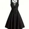 Plus Size Stretchable Strap Gothic Strappy Lace Up Grommet Eyelet Tie Front A Line Dress, Soft Jersey High Waist Buckle Belted Sleeveless Short Dress for Party Club Dating Wear, Plus Size Formal Dress Aesthetics