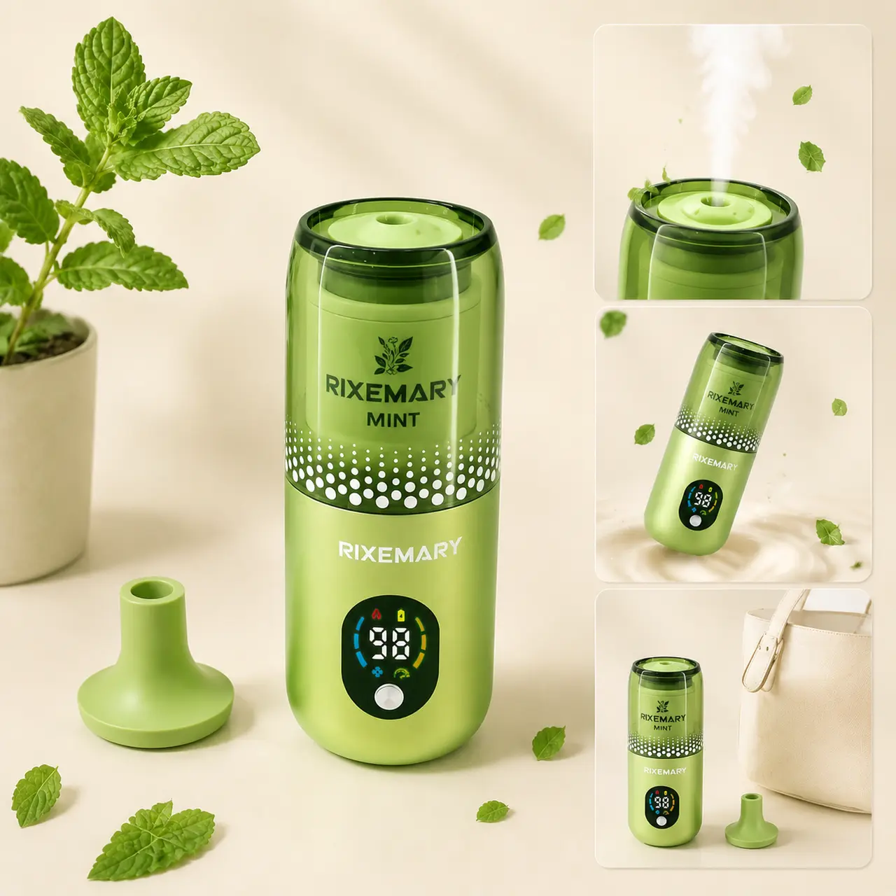 Portable mint essential oil diffuser, effectively improves bedroom and car environments, rechargeable with unique dual mode switching