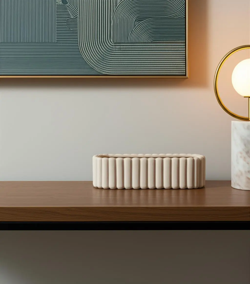 6 in. Beige Oval Handmade Ribbed Ceramic Decorative Vase - Handmade Texture, 360 Stand, Low 6" Table Fit, Shelf Mount, Minimalist Home Decor, Flower Vases, Ideal for Flower Display, Engagement Gifts, Mother's Day