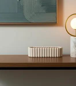 6 in. Beige Oval Handmade Ceramic Ribbed Texture Decorative Vase with 360 Stand, Minimalist Modern Indoor Home Table Decor, Ideal for Flower Display and Gifting