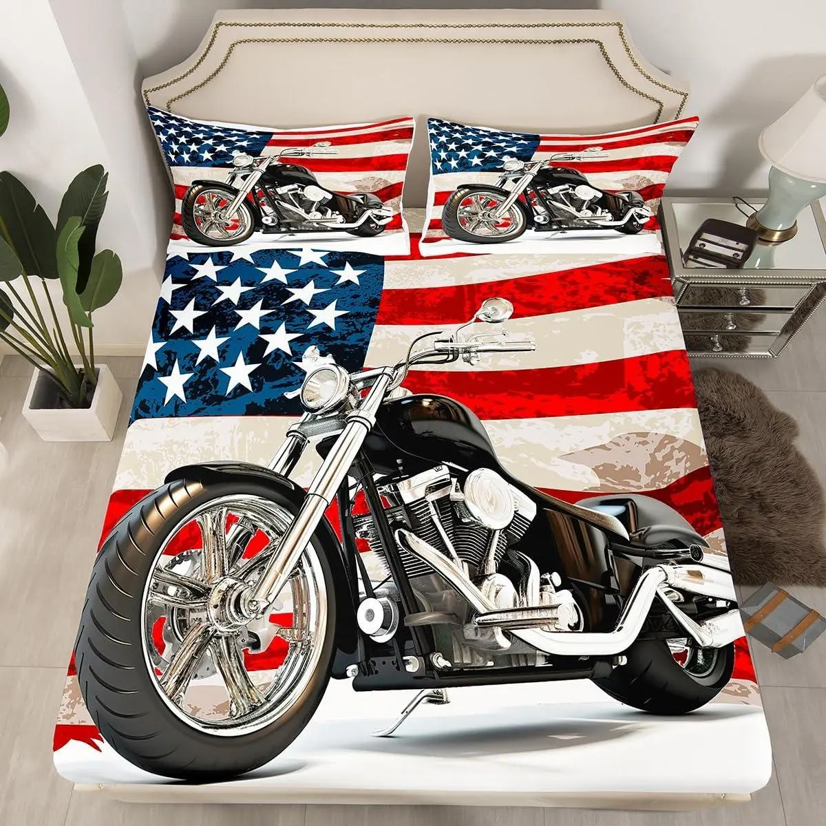 Cool Motorcycle Fitted Sheet,American Flag Classic Motorbike Extreme Sports Soft Decorative Fabric Bedding All-Round Elastic Pocket