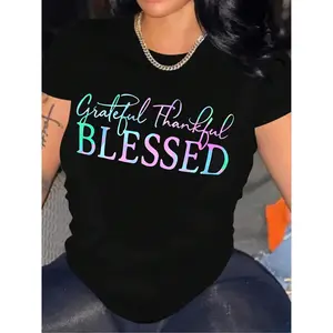 Rovax Slogan Graphic Tee Grateful Thankful Graphic Tees Women Tops