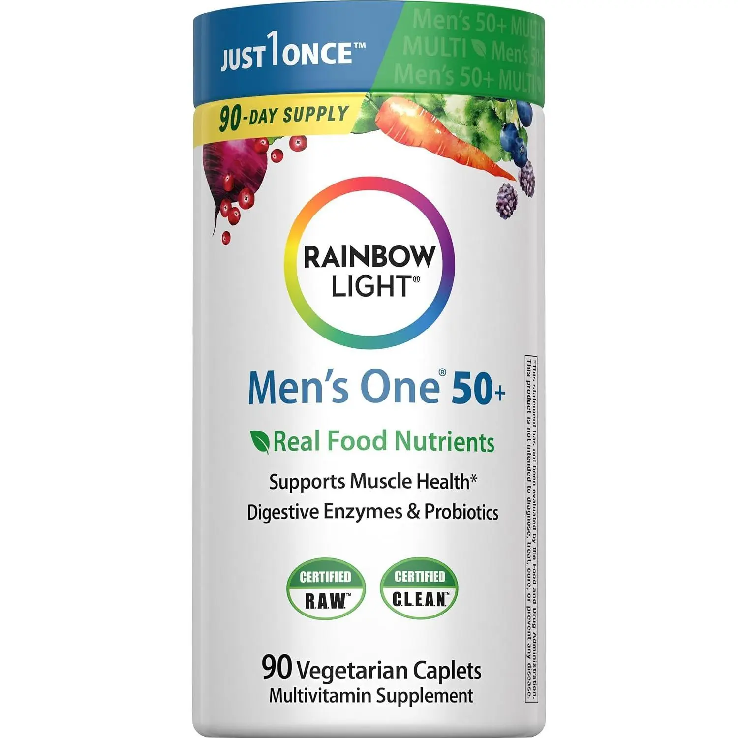 Rainbow Light Mens Multivitamin One + for 50 Plus | 90 Caplets | Supports Muscle Health | with Vitamins C, D, and Zinc | Real Food Nutrients, Digestive Enzymes & Probiotics