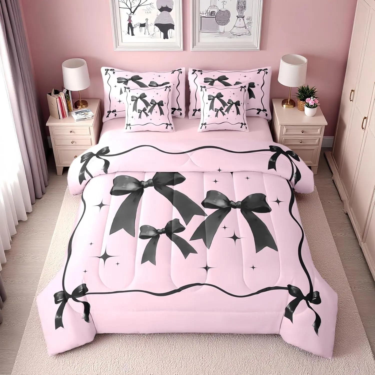 Pink and Black Bow Comforter Set with Sheets for Girls | Coquette Ribbon Bows Bedding Set,7 Piece for Kids Women,Cute Pink Bow Tie Bed in a Bag,Kawaii Bowknot Fitted Flat Sheet