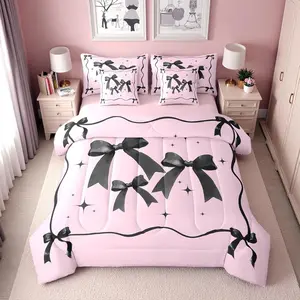 Pink and Black Bow Comforter Set with Sheets for Girls | Coquette Ribbon Bows Bedding Set,7 Piece for Kids Women,Cute Pink Bow Tie Bed in a Bag,Kawaii Bowknot Fitted Flat Sheet
