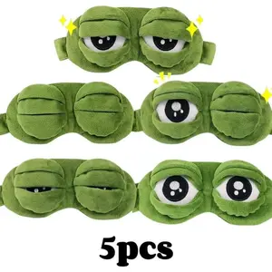 3D Sad Frog Sleep Mask Green Hypoallergenic Cotton Plush Eye Shade for Travel Office Stress Relief Adjustable Strap 21x9cm
