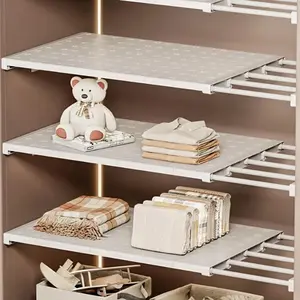 3pcs Set 3-In-1 Adjustable Punch-Free Carbon Steel & Plastic Wardrobe Storage Shelves, Space-Saving Retractable Racks for Kitchen Bedroom Bathroom