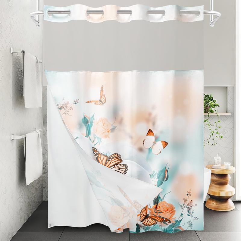 Snap Button Hookless Digital Print Waterproof Shower Curtain with Embedded Fabric Liner Set Lin Shower Curtain Partition