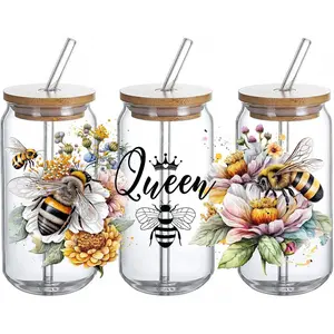 UV DTF Glass Cup Wrap Transfer -Queen Bee with Floral Wrap Waterproof Decal for 16oz Glass Cups, Honeycomb Flower Wrap Ceramic Mug DIY Crafts, Gifts for Mom - 3PCS