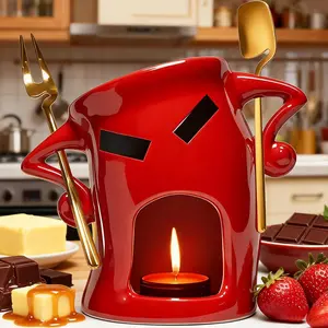 Ceramic Fondue Cup Set w/Built-In Fork & Spoon Mini Chocolate/Cheese Fondue Mug Microwave & Dishwasher Safe Compact Gift-Ready (Red)