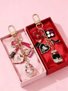 Elegant Metal Keychain for Women, Unique Pendant Design, Includes Perfume Bottle, Lipstick, Eyeshadow, High Heels, Oil Drops, DIY Bag Charms Accessory