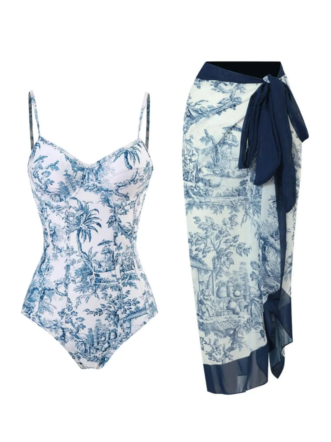 Women's Plants Print Cami Bodysuit & Contrast Mesh Skirt Set, Summer Clothes Women Elegant Backless Camisole & High Waist Knot Detail Skirt, Valentine