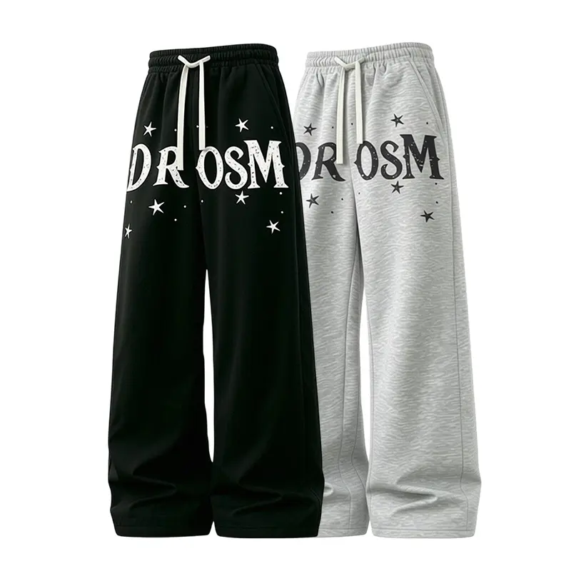Men’s soft knit wide-leg street-style pants featuring simple vertical seam detailing on the sides, available in two basic colorways—black and light gray—perfect for casual wear and skateboarding during hot weather.