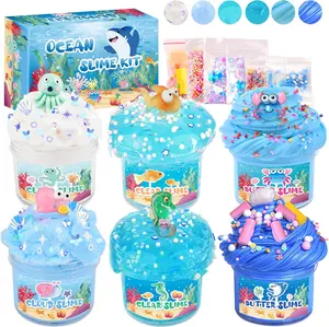 Valentine's Day New Year 2026 Gift 6 Packs Blue Slime Kits, Butter, Clear & Cloud Slime with Cute Sea Animals Charms, Slime Kits for Party Kits, Candy Bag Fillers, Ideas for Christmas
