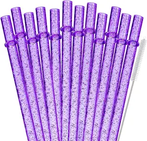 12-Pack Reusable Clear Purple Plastic Glitter Straws, 11" Long Hard Tumbler Drinking Straws with Cleaning Brush