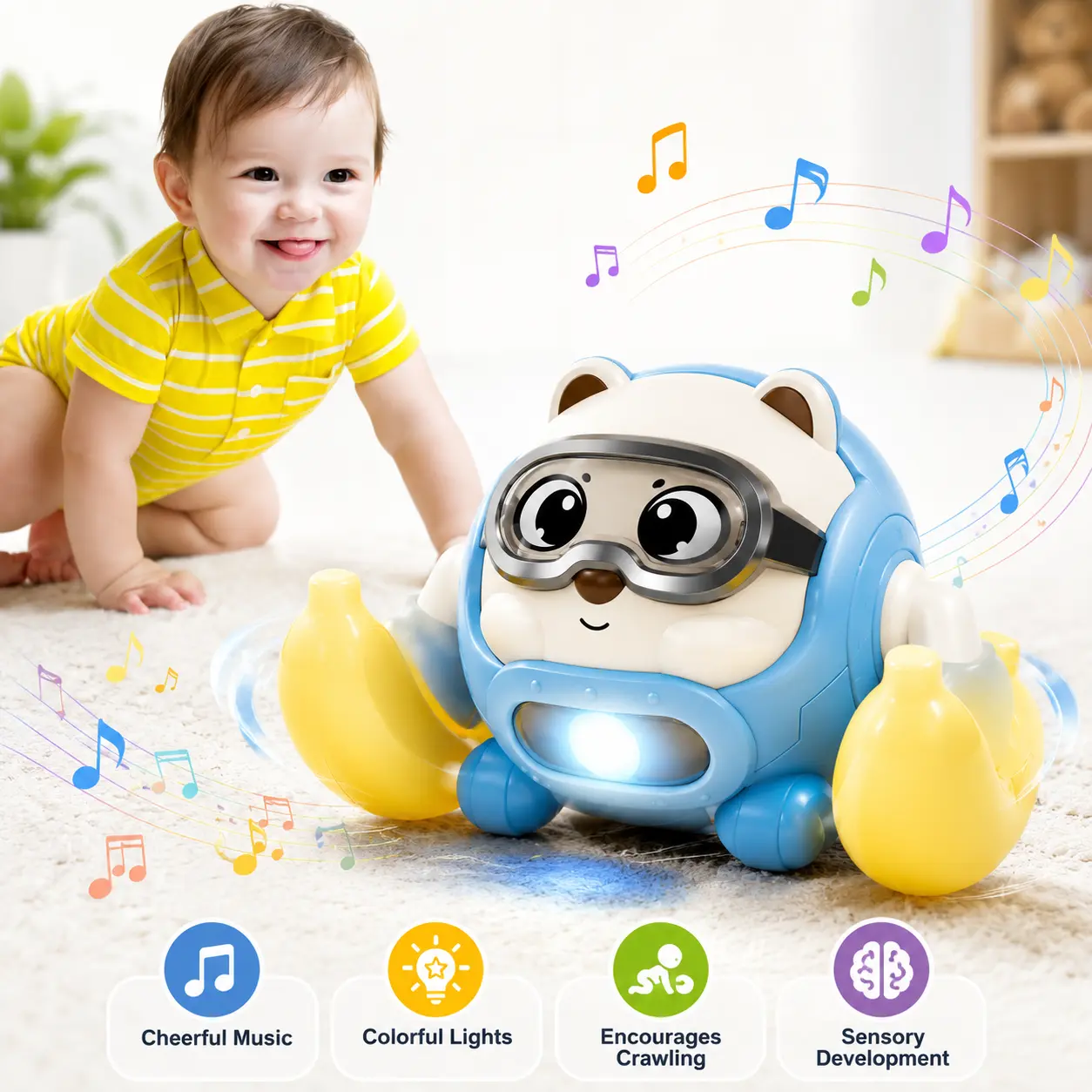 Rolling Bear Baby Toy – Sound & Touch Activated Musical Crawling Toy, 360° Walking & Bouncing Tummy Time Toy for Infants, Helps Encourage Crawling and Early Walking, Gift for Toddler Boys & Girls