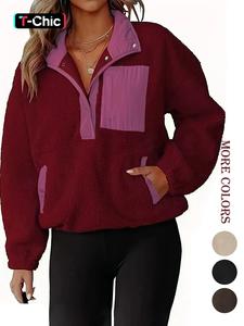 women's patchwork print half button pocket fuzzy sweatshirt, casual drop shoulder long sleeve stand collar pullover for fall & winter, women's clothes for daily wear