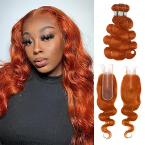 ALHER 350 Ginger Orange Body Wave 3 Bundles with 2x6 HD Closure, #350 Colored Bundles with Free Part 4x4 Lace Closure And 2x6 Long Deep Part Lace Closure Pre Plucked 12A 100% Unprocessed Brazilian Virgin Human Hair