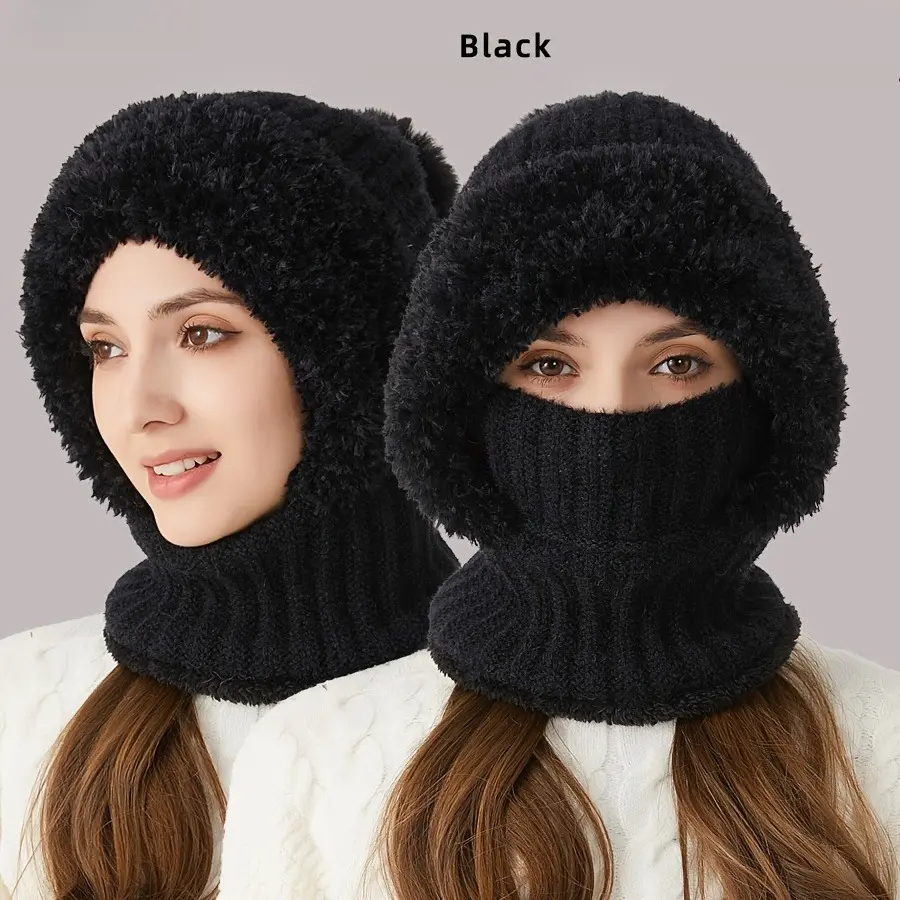 Winter Warm Faux Wool Knitted Hat with Windproof Design Ear Flaps Hooded Neck Gaiter Essential for Outdoor Mountaineering Camping and Cycling cap
