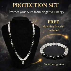 [Buy 1 Get 1 Free] Protection Aura Necklace Set with Matching Bracelet, Black and White Natural Energy Stone Beaded Chain, Spiritual Jewelry for Women and Men, Thoughtful Gift for Loved Ones on Birthdays, Holidays and Celebrations