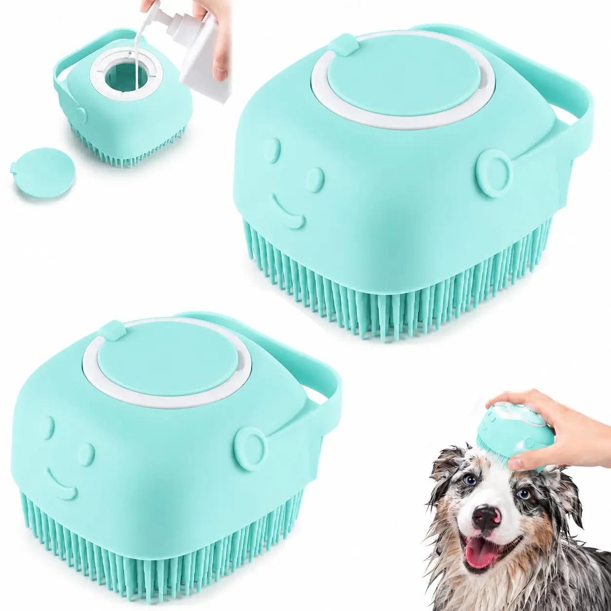 Dog Bath Brush 2-in-1 Dog Grooming Brush with Built-in Shampoo Dispenser, Gentle Silicone Bristles for Bath & Massage, Non-Slip Handle, Easy Clean Design for Dogs, Cats & Small Pets