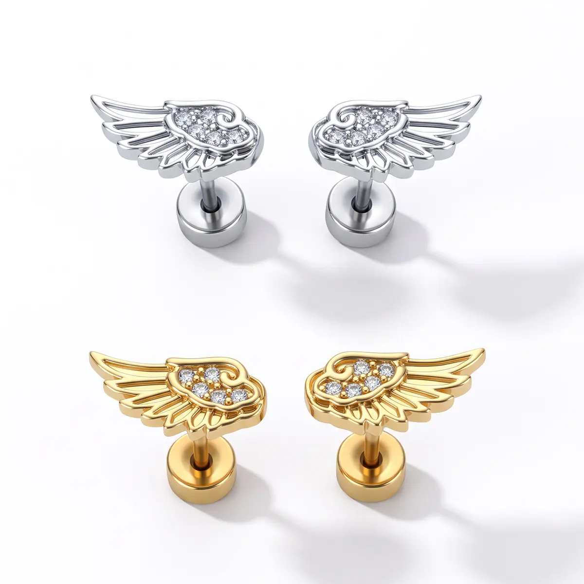 KUTLAN Angel Wing CZ Stud Earrings Pair, 18G 8mm Piercing Ear Jewelry, Sparkly Curated Ear Stack Accessory for Lobe Piercing Daily Party Wear
