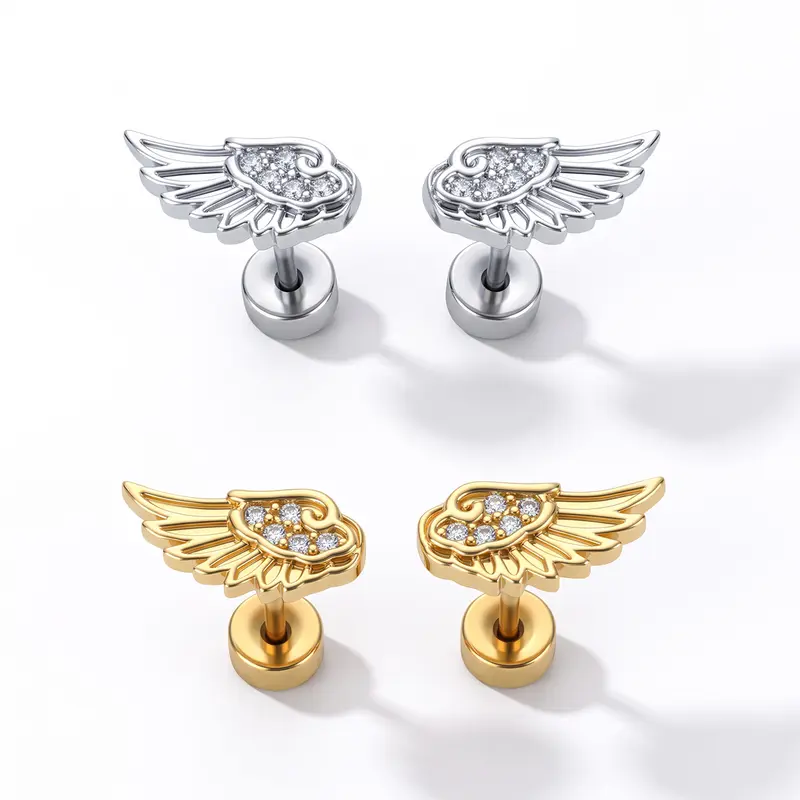 KUTLAN Angel Wing CZ Stud Earrings Pair, 18G 8mm Piercing Ear Jewelry, Sparkly Curated Ear Stack Accessory for Lobe Piercing Daily Party Wear